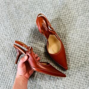 MICHAEL KORS Warm Brown Leather Pointed Toe Slingback Buckle Kitten Heel 8.5 Y2k